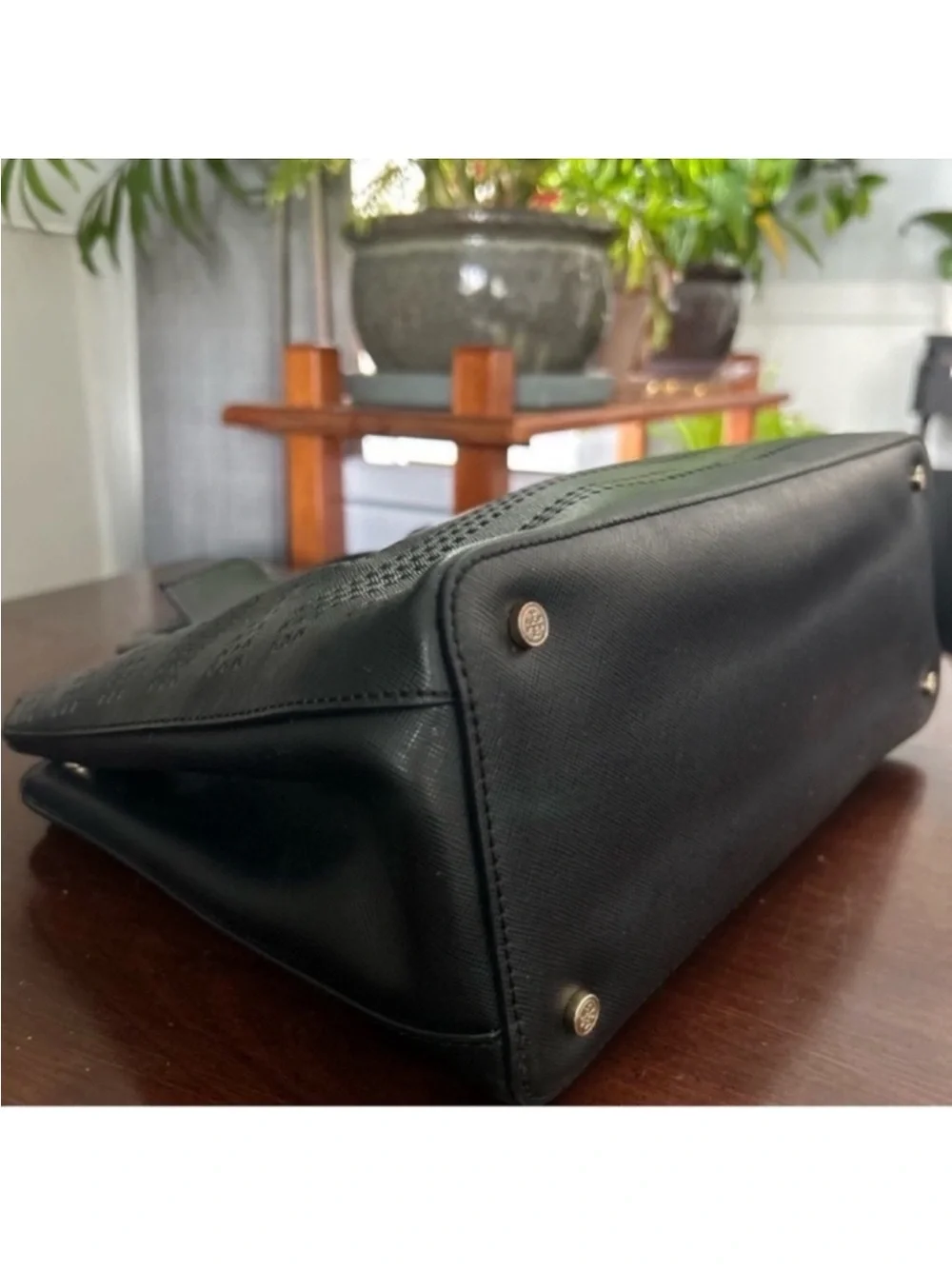 Tory Burch Black Perforated Leather Tote with Gold Logo